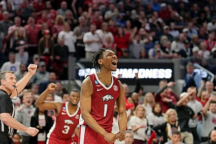 Mar 24, 2022; San Francisco, CA, USA; Arkansas Razorbacks guard JD Notae (1) reacts after a play against the Gonzaga Bulldogs during the second half in the semifinals of the West regional of the men's college basketball NCAA Tournament at Chase Center. The Arkansas Razorbacks won 74-68. Mandatory Credit: Kelley L Cox-USA TODAY Sports