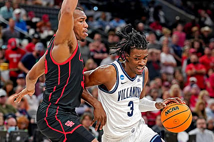 Mar 26, 2022; San Antonio, TX, USA; Villanova Wildcats forward Brandon Slater (3) drives to the basket against Houston Cougars forward Fabian White Jr. (35) during the second half in the finals of the South regional of the men's college basketball NCAA Tournament at AT&T Center. Mandatory Credit: Daniel Dunn-USA TODAY Sports