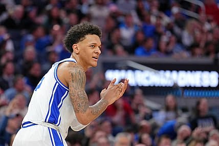 Mar 26, 2022; San Francisco, CA, USA; Duke Blue Devils forward Paolo Banchero (5) reacts after a play against the Arkansas Razorbacks during the first half in the finals of the West regional of the men's college basketball NCAA Tournament at Chase Center. Mandatory Credit: Kelley L Cox-USA TODAY Sports