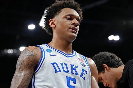 Mar 26, 2022; San Francisco, CA, USA; Duke Blue Devils forward Paolo Banchero (5) walks on the court during a break in play against the Arkansas Razorbacks during the first half in the finals of the West regional of the men's college basketball NCAA Tournament at Chase Center. Mandatory Credit: Kelley L Cox-USA TODAY Sports