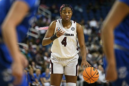 Mar 27, 2022; Greensboro, NC, USA; South Carolina Gamecocks forward Aliyah Boston (4) looks underneath against the Creighton Bluejays in the third quarter in the Greensboro regional finals of the women's college basketball NCAA Tournament at Greensboro Coliseum. Mandatory Credit: William Howard-USA TODAY Sports
