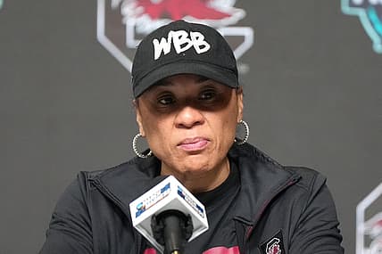 Mar 31, 2022; Minneapolis, MN, USA;  South Carolina Gamecocks coach Dawn Staley during NCAA women's Final Four press conference at Target Center. Mandatory Credit: Kirby Lee-USA TODAY Sports