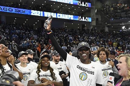 Oct 17, 2021; Chicago, Illinois, USA; Chicago Sky guard/forward Kahleah Copper (2) after receiving the MVP trophy after the Chicago Sky beat the Phoenix Mercury 80-74 in game four of the 2021 WNBA Finals at Wintrust Arena. Mandatory Credit: Matt Marton-USA TODAY Sports