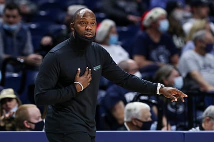 Dec 8, 2021; University Park, Pennsylvania, USA; Wagner Seahawks head coach Bashir Mason gestures from the bench during the first half against the Penn State Nittany Lions at Bryce Jordan Center. Penn State defeated Wagner 74-54. Mandatory Credit: Matthew OHaren-USA TODAY Sports