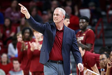 Dec 21, 2021; Fayetteville, Arkansas, USA; Elon Phoenix head coach Mike Schrage during the first half against the Arkansas Razorbacks at Bud Walton Arena. Mandatory Credit: Nelson Chenault-USA TODAY Sports