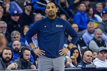 Feb 8, 2022; Omaha, Nebraska, USA;  Butler Bulldogs head coach LaVall Jordan watches action against the Creighton Bluejays in the first half at CHI Health Center Omaha. Mandatory Credit: Steven Branscombe-USA TODAY Sports