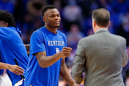 Feb 19, 2022; Lexington, Kentucky, USA; Kentucky Wildcats forward Oscar Tshiebwe  walks onto the court before the game against the Alabama Crimson Tide at Rupp Arena at Central Bank Center. Mandatory Credit: Jordan Prather-USA TODAY Sports
