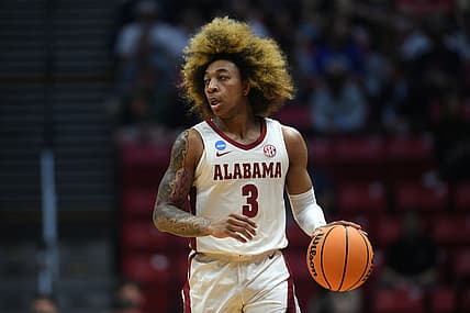 Mar 18, 2022; San Diego, CA, USA; Alabama Crimson Tide guard JD Davison (3) controls the ball against the Notre Dame Fighting Irish in the first half during the first round of the 2022 NCAA Tournament at Viejas Arena. Mandatory Credit: Orlando Ramirez-USA TODAY Sports