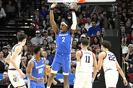 Mar 19, 2022; Portland, OR, USA; Memphis Tigers center Jalen Duren (2) reacts to a play against the Gonzaga Bulldogs during the first half in the second round of the 2022 NCAA Tournament at Moda Center. Mandatory Credit: Troy Wayrynen-USA TODAY Sports