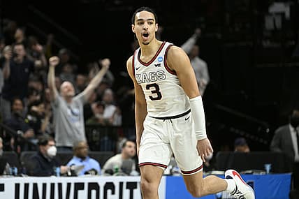 Mar 19, 2022; Portland, OR, USA; Gonzaga Bulldogs guard Andrew Nembhard (3) reacts to a play against Memphis Tigers during the second half in the second round of the 2022 NCAA Tournament at Moda Center. Mandatory Credit: Troy Wayrynen-USA TODAY Sports