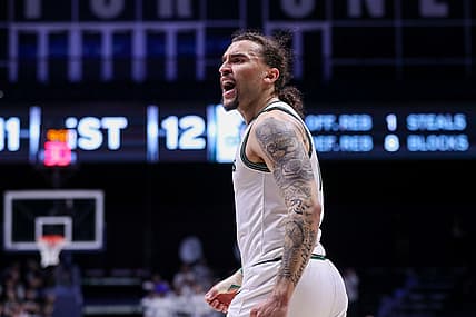Mar 15, 2022; Cincinnati, Ohio, USA; Cleveland State Vikings guard Tre Gomillion (5) reacts after a play in the first half against the Xavier Musketeers at Cintas Center. Mandatory Credit: Katie Stratman-USA TODAY Sports