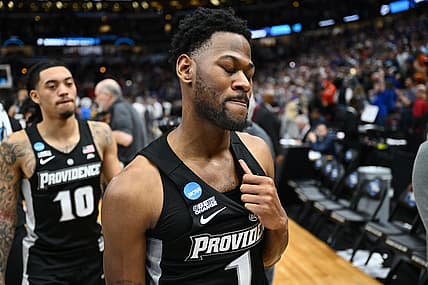 Mar 25, 2022; Chicago, IL, USA; Providence Friars guard Al Durham (1) leaves the floor after the Friars lost 66-61 to the Kansas Jayhawks in the semifinals of the Midwest regional of the men's college basketball NCAA Tournament at United Center. Mandatory Credit: Jamie Sabau-USA TODAY Sports