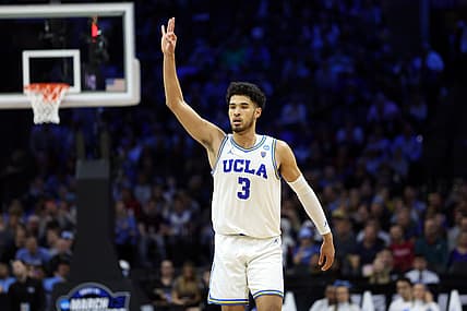 Mar 25, 2022; Philadelphia, PA, USA; UCLA Bruins guard Johnny Juzang (3) reacts after a three point shot in the second half against the North Carolina Tar Heels in the semifinals of the East regional of the men's college basketball NCAA Tournament at Wells Fargo Center. Mandatory Credit: Bill Streicher-USA TODAY Sports
