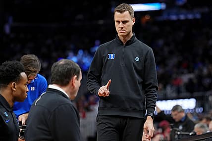 Mar 26, 2022; San Francisco, CA, USA; Duke Blue Devils associate head coach Jon Scheyer gestures to head coach Mike Krzyzewski before the game against the Arkansas Razorbacks the finals of the West regional of the men's college basketball NCAA Tournament at Chase Center. Mandatory Credit: Kelley L Cox-USA TODAY Sports