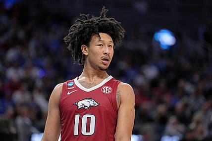 Mar 26, 2022; San Francisco, CA, USA; Arkansas Razorbacks forward Jaylin Williams (10) reacts after a play against the Duke Blue Devils during the second half in the finals of the West regional of the men's college basketball NCAA Tournament at Chase Center. Mandatory Credit: Kelley L Cox-USA TODAY Sports
