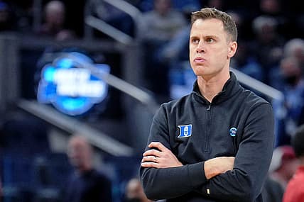 Mar 26, 2022; San Francisco, CA, USA; Duke Blue Devils associate head coach Jon Scheyer looks on during the second half of the game against the Arkansas Razorbacks in the finals of the West regional of the men's college basketball NCAA Tournament at Chase Center. Mandatory Credit: Kelley L Cox-USA TODAY Sports