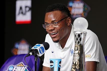 Apr 1, 2022; New Orleans, LA, USA; Kentucky Wildcats forward Oscar Tshiebwe (34) talks after winning player of the year during a press conference before the 2022 NCAA men's basketball tournament Final Four semifinals at Caesars Superdome. Mandatory Credit: Stephen Lew-USA TODAY Sports