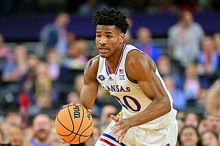 Apr 2, 2022; New Orleans, LA, USA; Kansas Jayhawks guard Ochai Agbaji (30) dribbles the ball against the Villanova Wildcats during the first half during the 2022 NCAA men's basketball tournament Final Four semifinals at Caesars Superdome. Mandatory Credit: Bob Donnan-USA TODAY Sports