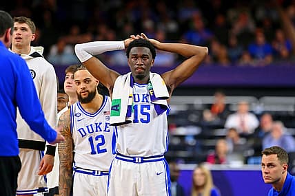 Apr 2, 2022; New Orleans, LA, USA; Duke Blue Devils center Mark Williams (15) and the bench reacts after a play against the North Carolina Tar Heels during the second half during the 2022 NCAA men's basketball tournament Final Four semifinals at Caesars Superdome. Mandatory Credit: Bob Donnan-USA TODAY Sports