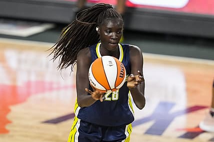 May 27, 2021; College Park, Georgia, USA; Dallas Wings center Awak Kuier (28) passes the ball against the Atlanta Dream during the first half at Gateway Center Arena at College Park. Mandatory Credit: Dale Zanine-USA TODAY Sports