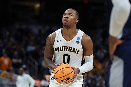 Mar 19, 2022; Indianapolis, IN, USA; Murray State Racers forward KJ Williams (0) shoots the ball in the second half against the St. Peter's Peacocks during the second round of the 2022 NCAA Tournament at Gainbridge Fieldhouse. Mandatory Credit: Trevor Ruszkowski-USA TODAY Sports