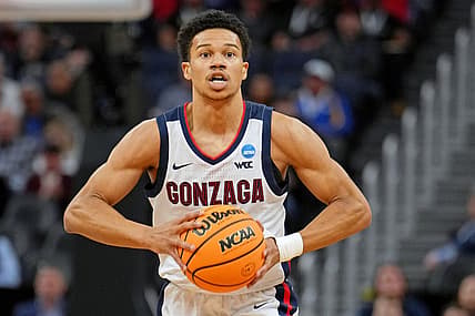 Mar 24, 2022; San Francisco, CA, USA; Gonzaga Bulldogs guard Rasir Bolton (45) passes the ball against the Arkansas Razorbacks during the first half in the semifinals of the West regional of the men's college basketball NCAA Tournament at Chase Center. Mandatory Credit: Kelley L Cox-USA TODAY Sports