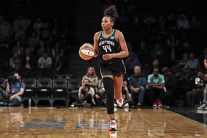 May 17, 2022; Brooklyn, New York, USA;  New York Liberty forward Betnijah Laney (44) brings the ball up court in the second quarter against the Connecticut Sun at Barclays Center. Mandatory Credit: Wendell Cruz-USA TODAY Sports