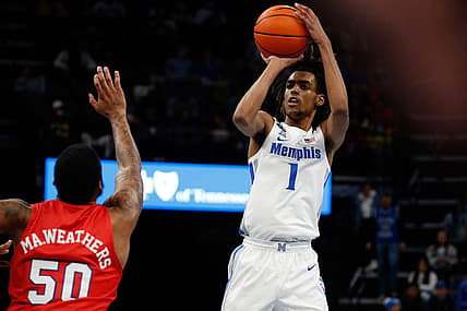 Jan 20, 2022; Memphis, Tennessee, USA; Memphis Tigers forward Emoni Bates (1) shoots for three during the first half against the Southern Methodist Mustangs at FedExForum. Mandatory Credit: Petre Thomas-USA TODAY Sports