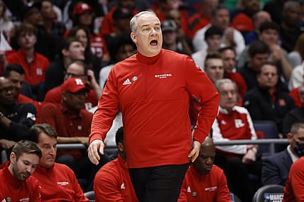 Mar 16, 2022; Dayton, Ohio, USA; Rutgers Scarlet Knights head coach Steve Pikiell reacts to a play in the first half against the Notre Dame Fighting Irish at University of Dayton Arena. Mandatory Credit: Rick Osentoski-USA TODAY Sports