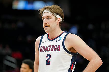 Mar 24, 2022; San Francisco, CA, USA; Gonzaga Bulldogs forward Drew Timme (2) looks on during a break in play against the Arkansas Razorbacks during the first half in the semifinals of the West regional of the men's college basketball NCAA Tournament at Chase Center. Mandatory Credit: Kelley L Cox-USA TODAY Sports