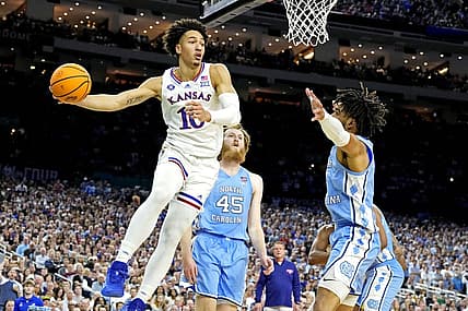 Apr 4, 2022; New Orleans, LA, USA; Kansas Jayhawks forward Jalen Wilson (10) drives to the basket against North Carolina Tar Heels forward Brady Manek (45) during the 2022 NCAA men's basketball tournament Final Four championship game at Caesars Superdome. Mandatory Credit: Robert Deutsch-USA TODAY Sports