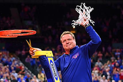 Apr 4, 2022; New Orleans, LA, USA; Kansas Jayhawks head coach Bill Self reacts after cutting down the net after their win against the North Carolina Tar Heels in the 2022 NCAA men's basketball tournament Final Four championship game at Caesars Superdome. Mandatory Credit: Bob Donnan-USA TODAY Sports