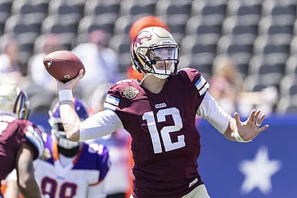 May 1, 2022; Birmingham, AL, USA; Michigan Panthers quarterback Paxton Lynch (12) throws against the Pittsburgh Maulers during the first half at Protective Stadium. Mandatory Credit: Vasha Hunt-USA TODAY Sports