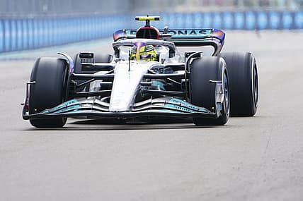 May 8, 2022; Miami Gardens, Florida, USA; Mercedes driver Lewis Hamilton of Britain races on the backstretch during the Miami Grand Prix at Miami International Autodrome. Mandatory Credit: John David Mercer-USA TODAY Sports