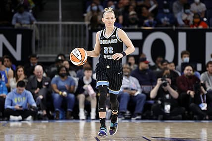 May 24, 2022; Chicago, Illinois, USA; Chicago Sky guard Courtney Vandersloot (22) brings the ball up court against the Indiana Fever during the first half at Wintrust Arena. Mandatory Credit: Kamil Krzaczynski-USA TODAY Sports