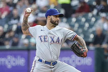 Jun 10, 2022; Chicago, Illinois, USA; Texas Rangers starting pitcher Matt Bush (51) delivers against the Chicago White Sox during the first inning at Guaranteed Rate Field. Mandatory Credit: Kamil Krzaczynski-USA TODAY Sports