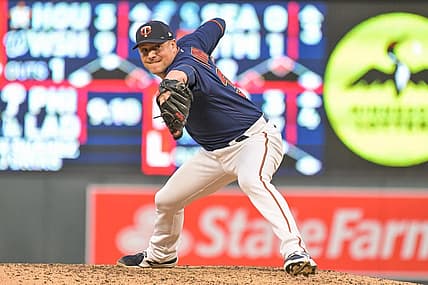 May 14, 2022; Minneapolis, Minnesota, USA; Minnesota Twins relief pitcher Joe Smith (38) in action against the Cleveland Guardians at Target Field. Mandatory Credit: Jeffrey Becker-USA TODAY Sports