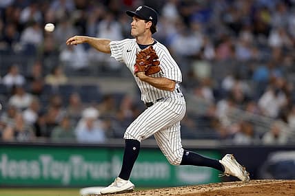 Jun 16, 2022; Bronx, New York, USA; New York Yankees relief pitcher Ryan Weber (85) delivers a pitch during the fourth inning against the Tampa Bay Rays at Yankee Stadium. Mandatory Credit: Vincent Carchietta-USA TODAY Sports