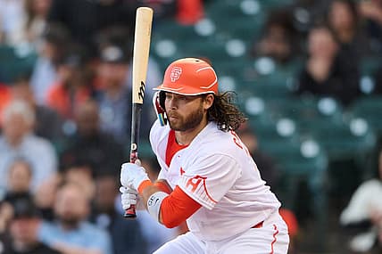 Jun 7, 2022; San Francisco, California, USA; San Francisco Giants shortstop Brandon Crawford (35) batting during the first inning against the Colorado Rockies at Oracle Park. Mandatory Credit: Robert Edwards-USA TODAY Sports