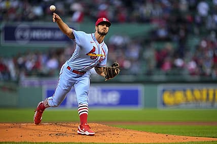 Jun 18, 2022; Boston, Massachusetts, USA; St. Louis Cardinals pitcher Dakota Hudson (43) deliver against the Boston Red Sox during the first inning at Fenway Park. Mandatory Credit: Gregory Fisher-USA TODAY Sports