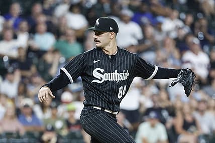 Jun 21, 2022; Chicago, Illinois, USA; Chicago White Sox starting pitcher Dylan Cease (84) reacts after striking out Toronto Blue Jays shortstop Bo Bichette during the sixth inning at Guaranteed Rate Field. Mandatory Credit: Kamil Krzaczynski-USA TODAY Sports