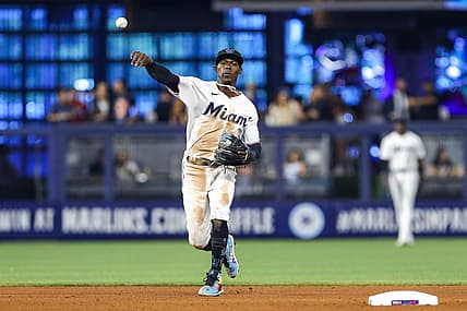 Jun 23, 2022; Miami, Florida, USA; Miami Marlins second baseman Jazz Chisholm Jr. (2) throws to first base to retire Colorado Rockies designated hitter C.J. Cron (not pictured) during the fifth inning at loanDepot Park. Mandatory Credit: Sam Navarro-USA TODAY Sports