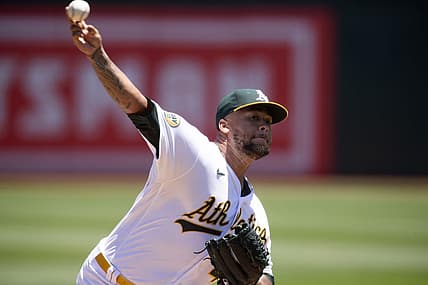 Jun 23, 2022; Oakland, California, USA; Oakland Athletics starting pitcher Frankie Montas (47) delivers a pitch against the Seattle Mariners during the second inning at RingCentral Coliseum. Mandatory Credit: D. Ross Cameron-USA TODAY Sports