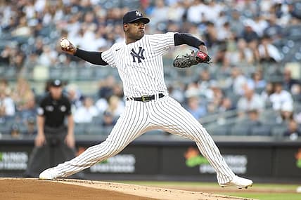 Jun 24, 2022; Bronx, New York, USA; New York Yankees starting pitcher Luis Severino (40) pitches in the first inning against the Houston Astros at Yankee Stadium. Mandatory Credit: Wendell Cruz-USA TODAY Sports