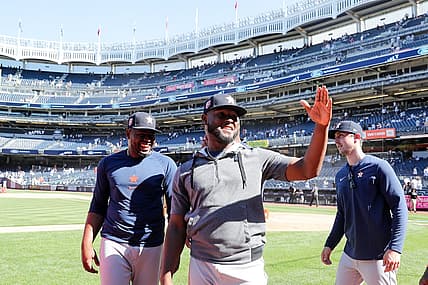 Jun 25, 2022; Bronx, New York, USA; Houston Astros relief pitcher Cristian Javier (53) signals to the crowd as relief pitcher Hector Neris (50) smiles behind him after their parts in a combined no-hitter against the New York Yankees at Yankee Stadium. Mandatory Credit: Jessica Alcheh-USA TODAY Sports