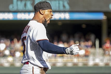 Jun 25, 2022; Minneapolis, Minnesota, USA; Minnesota Twins center fielder Byron Buxton (25) celebrates his RBI triple against the Colorado Rockies in the first inning at Target Field. Mandatory Credit: Bruce Kluckhohn-USA TODAY Sports