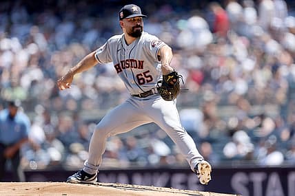 Jun 26, 2022; Bronx, New York, USA; Houston Astros starting pitcher Jose Urquidy (65) pitches against the New York Yankees during the first inning at Yankee Stadium. Mandatory Credit: Brad Penner-USA TODAY Sports