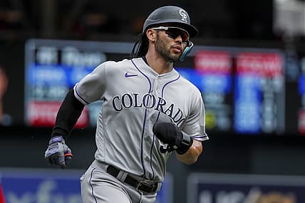 Jun 26, 2022; Minneapolis, Minnesota, USA; Colorado Rockies left fielder Connor Joe (9) scores against the Minnesota Twins in the first inning at Target Field. Mandatory Credit: Bruce Kluckhohn-USA TODAY Sports