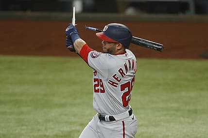 Jun 26, 2022; Arlington, Texas, USA; Washington Nationals left fielder Yadiel Hernandez (29) breaks his bat in the fifth inning against the Texas Rangers at Globe Life Field. Mandatory Credit: Tim Heitman-USA TODAY Sports