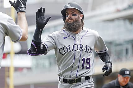 Jun 26, 2022; Minneapolis, Minnesota, USA; Colorado Rockies right fielder Charlie Blackmon (19) celebrates his solo home run against the Minnesota Twins in the third inning at Target Field. Mandatory Credit: Bruce Kluckhohn-USA TODAY Sports